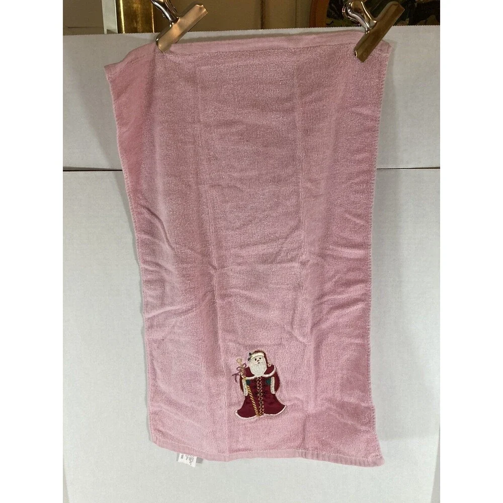Vtg Christmas Santa Towels Pink Bath & Hand Towel & Washcloth Made In Thailand
